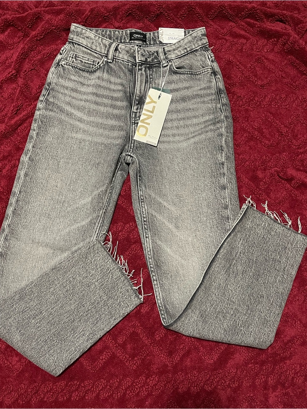 ONLY Gray Washed High-Rise Straight Leg Jeans